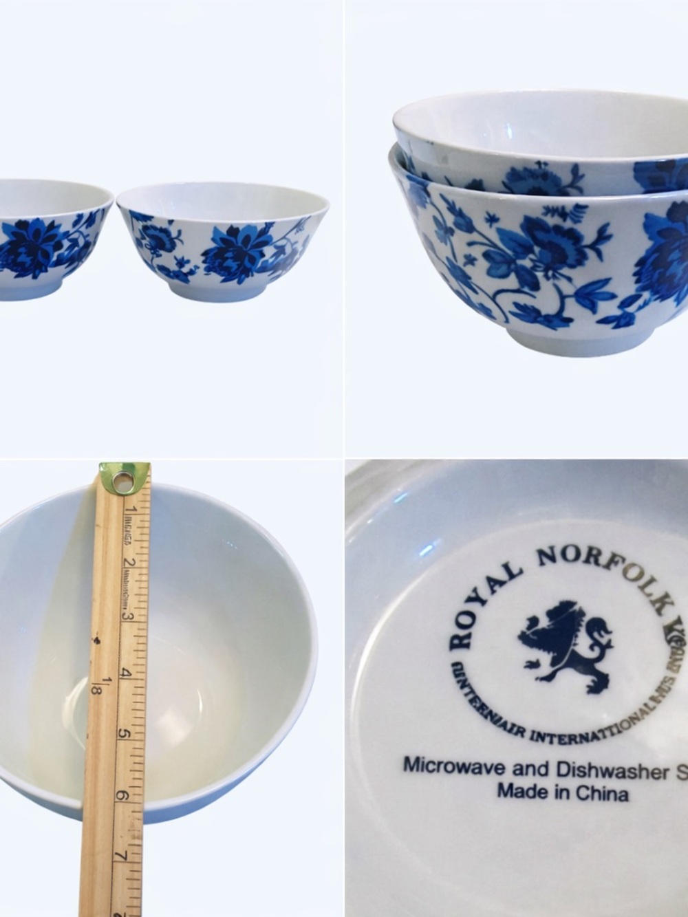 Royal Norfolk Cobalt Blue Floral Bowls Set of 2 Cereal Soup Salad Bowls 6” - Picture 3 of 6